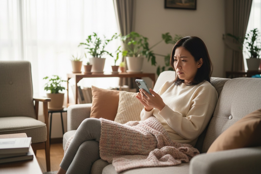 ソファでスマートフォンを見る女性